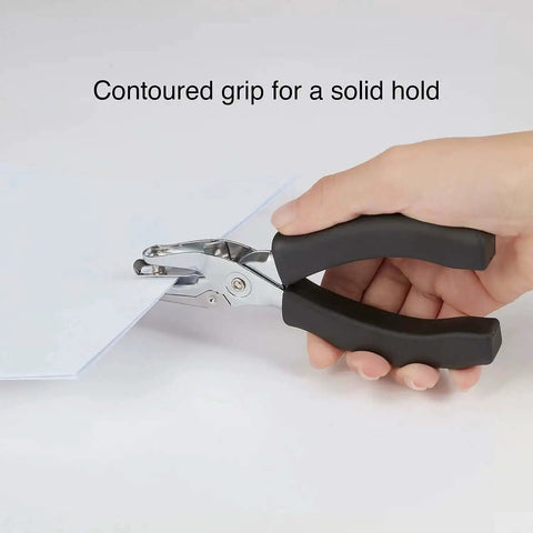 Handheld One Hole Punch Delivers Clean Quarter Inch Holes With A Five Sheet Capacity, durable nickel plated steel, contoured grip
