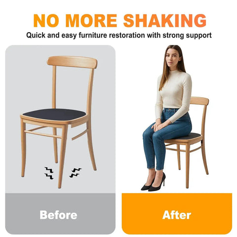 Before and after of chair stability using the 24 Pack Stainless Steel L Brackets Heavy Duty Corner Braces For Wood Furniture And Shelves With Screws