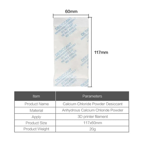 Image of a single Moisture Absorbing Desiccant Packet AMS Ready For Filament Dryer Box, labeled with dimensions and product details.