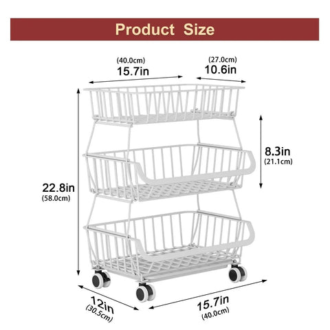 3-Tier Rolling Pantry Cart With Wheels For Kitchen Organization And Storage, wire shelving size diagram, white cart with dimensions.