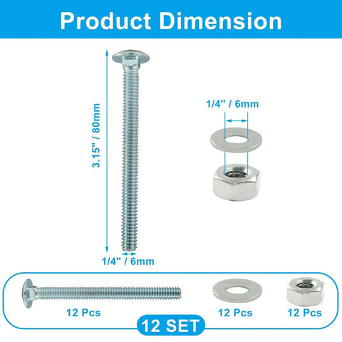 12 Pack Carriage Bolt Kit 1/4-20 X 3 Inch Galvanized Round Head Bolts With Nuts And Washers Full Thread Heavy Duty Hardware Set