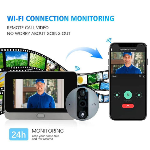 Peephole Doorbell Camera With 1080P HD Video, Dope Night Vision, Motion Detection, WiFi, shown on LCD monitor and smartphone.