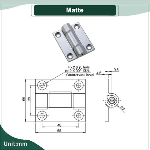 Torque-damping hinge, matte finish, 1 piece; front photo with mounting holes and side view with dimensions.