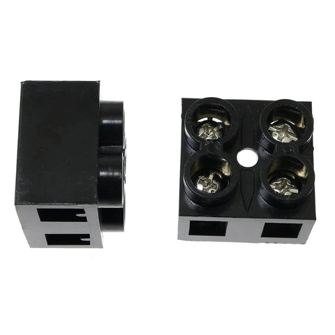 Two Pack 500V 60A Screw Terminal Block, 2 Position Dual Row Barrier Strip, side and top view, black insulation.