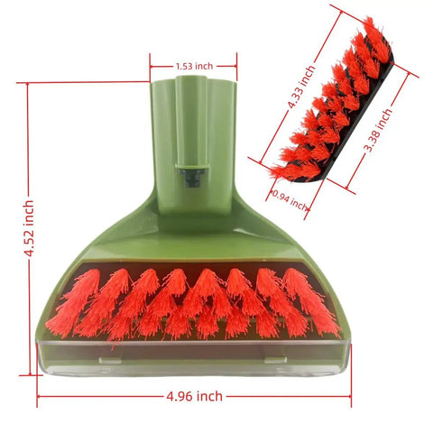 Front view of green Bissell Little Green Machine replacement brush head with red bristles; 4.96 in wide.