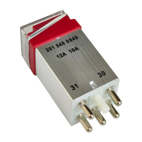 Close-up of overload protection relay 1265404745 for Mercedes models W123-W107 with visible terminals and markings.