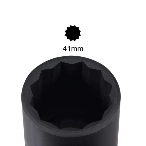 Close-up view of Beefy One Half Inch Drive 41mm 12 Point Deep Impact Socket in CR-MO Steel, black phosphate finish.