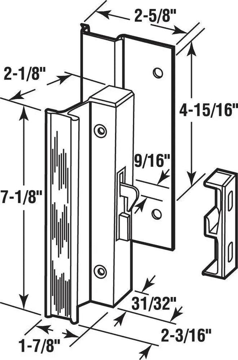 Black Aluminum Sliding Door Handle Set With Hook Lock For Older Style Patio Doors Surface Mount Diecast Construction Non Keyed Includes Mounting Hardware Single Pack Easy Installation Phillips Screwdriver Required For Assembly diagram showing dimensions.