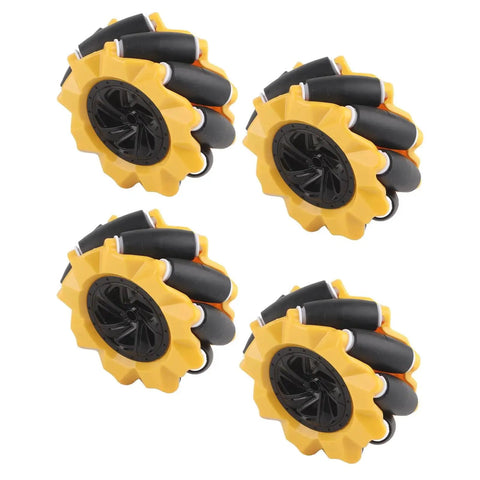 Set of four 80mm yellow and black ABS Mecanum wheels for omni directional robot car kit, ideal for DIY projects and robotics enthusiasts.