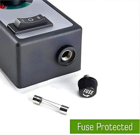 AC Motor Speed Controller For Fans Up To 15A Max 120V Adjustable Dial, showing fuse component and protective fuse label