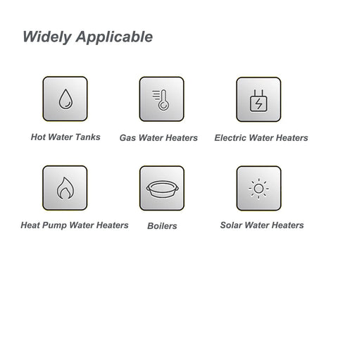 Front view: Widely Applicable icons for hot water tanks, gas/electric water heaters, boilers, and solar water heaters.
