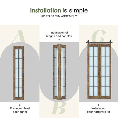 Preassembled Bifold Barn Door Set 32 by 84 Inches With Double 16 by 84 Panels Solid Wood and Grid Glass Includes Hardware Kit