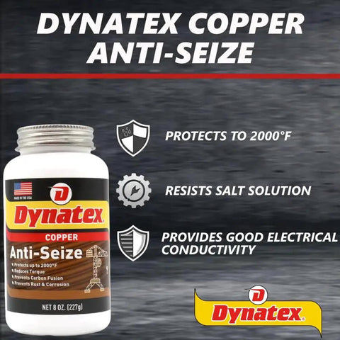 Copper Anti Seize Paste 8 Oz Can Heavy Duty Lubricant For Threads and Fasteners Two Pack with Dynatex label and benefits