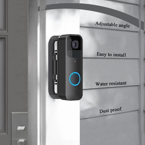 Corner Mount For Video Doorbell Camera Adjustable Angel Mount From 30 To 145 Degrees For Maximum Front Porch Coverage Easy Tool Free Installation Wide Viewing Range Fits First And Second Gen Doorbells Secure Stable Fit installed on white wall showing adjustable angle.