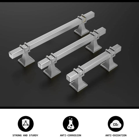 Three Ten Pack Brushed Nickel Cabinet Pulls Center To Center 128mm with Zinc Alloy Base and anti-corrosion features displayed on black background.
