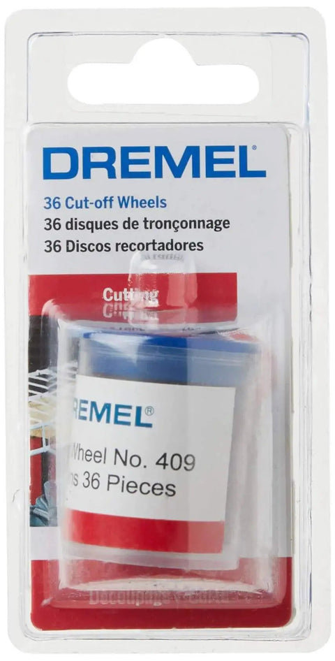 Dremel 36-piece cut-off wheels, size 15/16 inch diameter, 0.6 mm thick, for bolts, sheet metal, wood, plastic. Includes shank.