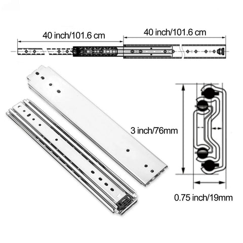 40 Inch Heavy Duty Drawer Slides Set With Screws, 500 Lb Capacity, Side Mount Full Extension, 3 Fold Ball Bearing