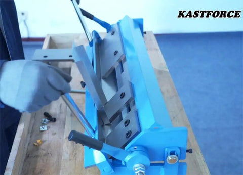 Box And Pan Brake Sheet Metal Folder For 24 Inch Capacity, 20 Gauge Mild Steel, blue machine in workshop setting