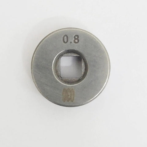 Wire feed drive roller disc, 25mm diameter, 0.8mm, metal with square bore for SSJ16 MIG/MAG wire feeders.
