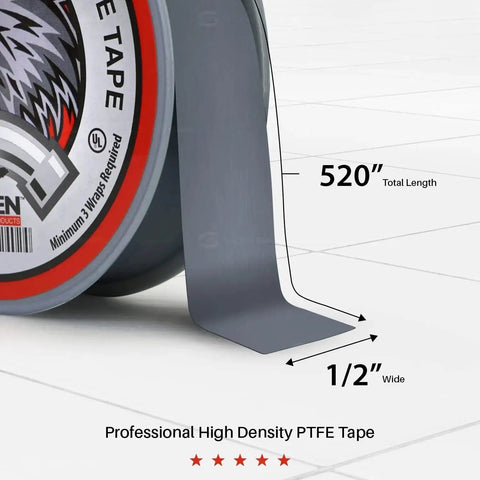 Close-up of gray PTFE Thread Seal Tape showing 1/2 inch width and 520 inch length for plumbers, including five rolls.