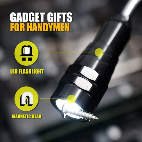 Close-up of Magnetic Pickup Tool With Telescoping Magnet And Flashlight, highlighting LED flashlight and magnetic head, ideal gadget gift.