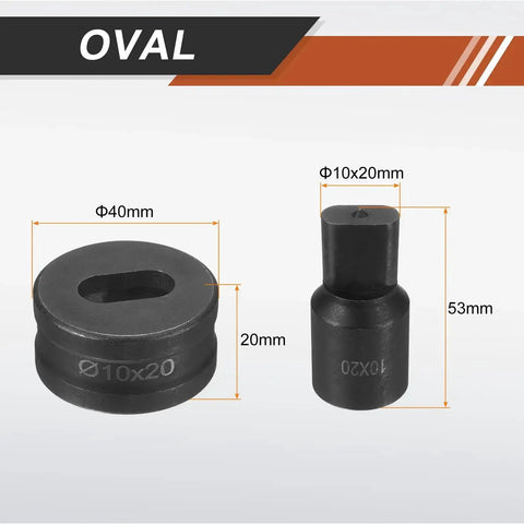 Hydraulic Hole Punch Die Set 10mm By 20mm Oval Hole In 40Cr Steel, two components, black finish, dimensions marked, for CH70 machine kit.