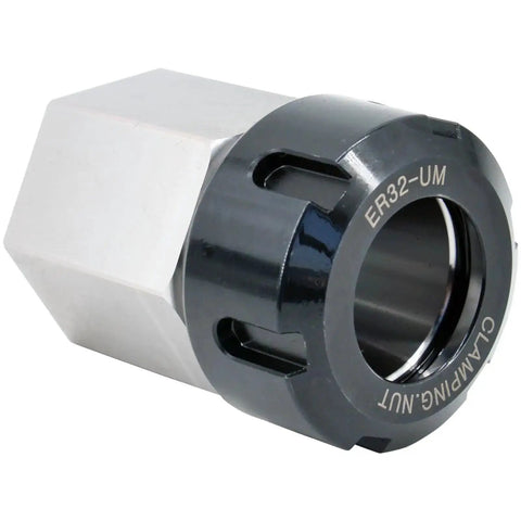 ER32 Collet Chuck Block Set Of 2 For Square Hex And Parallel Workholding On CNC Lathes, shown with clamping nut