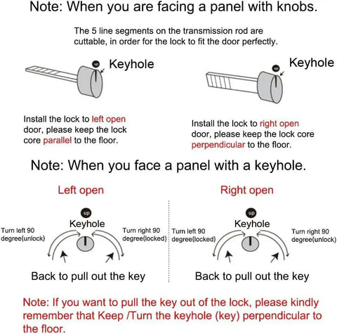Diagram showing installation guide for lock with keyhole orientation for left and right open doors, with notes on key position.