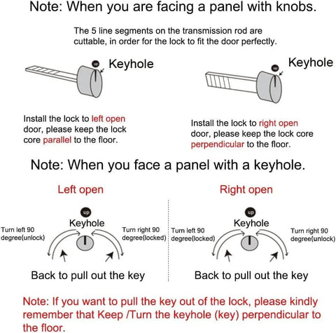 Installation instructions for Matte Black Privacy Pocket Door Lock Hardware with diagrams for left and right door alignment.