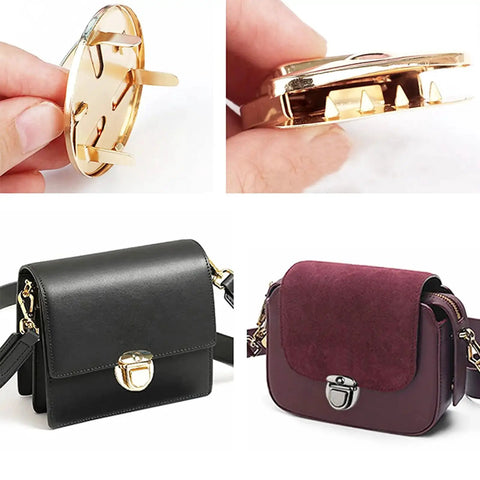 10 Pcs Turn Lock Clasp Set For DIY Handbags With Washers Sturdy Metal Twist Lock Fasteners installed on black and burgundy bags.