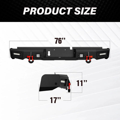 Rear Step Bumper For Ram 1500 With 4x18W LED Lights And D Rings, 76 inches wide, product dimensions shown