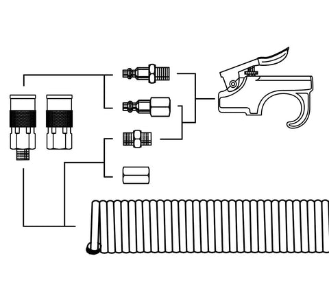 Diagram of Go-To 1/4 Inch Air Hose Fittings Set With Industrial M-Type Coupler and accessories