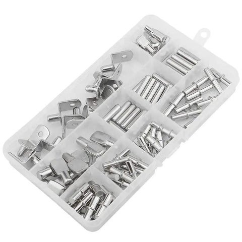 Assorted 100 Piece Shelf Pins And Pegs for wood shelves and cabinets, with 10 styles including L shape and spoon style pegs.