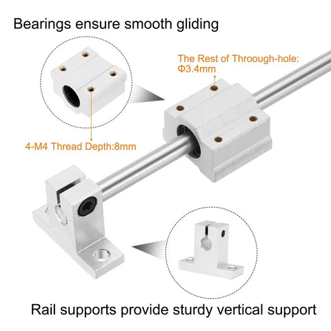 Two Pack Heavy Duty 8mm By 350mm Linear Motion Rail Kit With SCS8UU Bearings And SK8 Rail Supports For CNC Machines And 3D Printers Smooth Glide For Precise Motion Silver, showcasing bearings and rail supports details