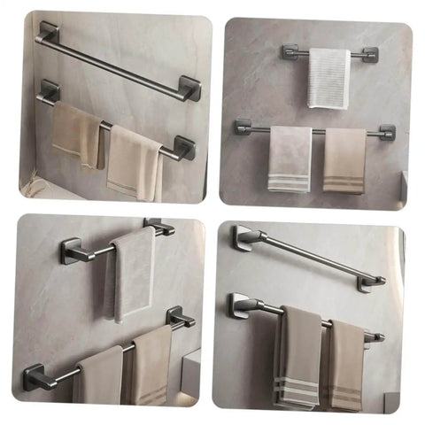 Self Adhesive Bathroom Wall Towel Rack in Gray No Drill Metal Organizer Multipurpose Holder with towels installed