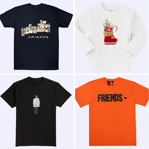 Collage of four T-shirts: navy with Friends graphic, white with Christmas boot, black with sketch, and orange with FRIENDS lettering.
