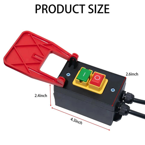 110V 16A Table Saw Emergency Stop Paddle Switch with plug-in design, size dimensions 4.3 x 2.4 x 2.6 inches, shown from top view.