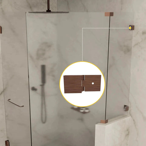 Adjustable Square Glass To Wall Clip With Solid Forged Brass Construction And Antique Copper Finish Backplate installed on shower glass