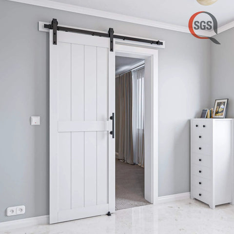 30 Inch By 84 Inch MDF Sliding Barn Door With Hardware Kit And Handle Pre Drilled Holes No Brainer Setup Waterproof PVC Surface White H Frame Solid Slab installed in home interior
