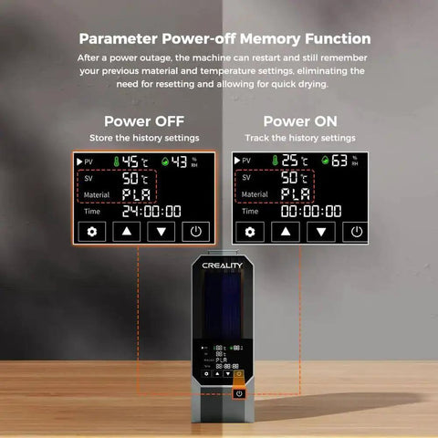 Space Pi Filament Dryer Box For 3D Printers With 360 Degree 110W PTC Hot Air Heating, close-up on power-off memory function display