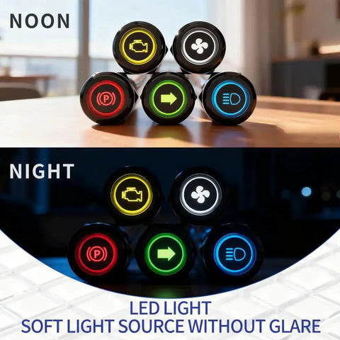 Day and night view of 180 Changeable Symbols LED Indicator Light 12V-24V IP67 Waterproof Pre-Wired Dash Pilot Light, various symbols lit