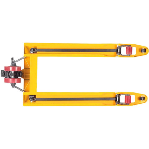 Top-down view of yellow manual pallet jack with 27 in W x 48 in L forks and 5500 lb capacity