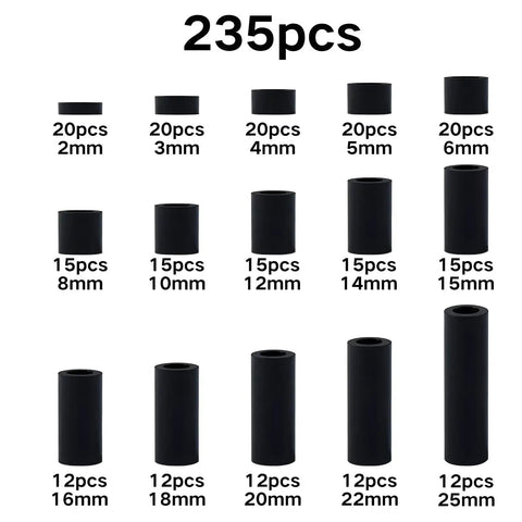 235pcs ABS black round spacers in various sizes, labeled in rows, used for M4 screws in DIY electronics and robotics projects.