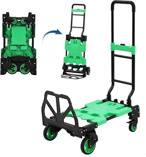 2 In 1 Folding Hand Truck With Foldable Basket For Luggage And Groceries, Convertible Dolly Cart With 4 Wheels And Retractable Handle, 330 Lb Capacity, Portable Utility Cart For Travel, Shopping, Home, And Warehouse, Green.