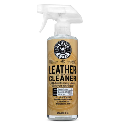 Leather Cleaner For Cars And Home Use With Colorless Odorless Formula PH Balanced Safe On Natural Synthetic Pleather And Faux Leather 473 Ml By Chemical Guys Today, front view in spray bottle.