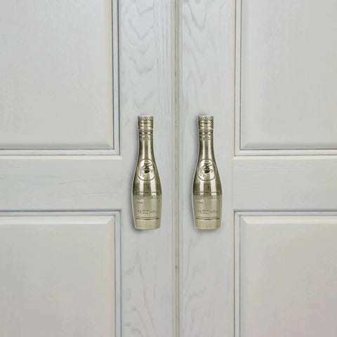 Wine Bottle Shaped Cabinet Drawer Knobs 4-Piece Set Made From Zinc Alloy Vintage Retro Style Blue Ancient Finish on white cabinets