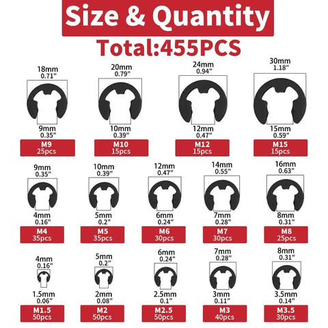 455 Piece E Clip Snap Ring Kit Set With External Retaining Rings, 14 SAE Sizes M1.5 To M15, size chart displayed.