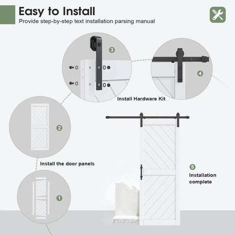 Installation steps for 32 by 84 inch sliding barn door with hardware kit and handle included, showcasing parts and assembly.