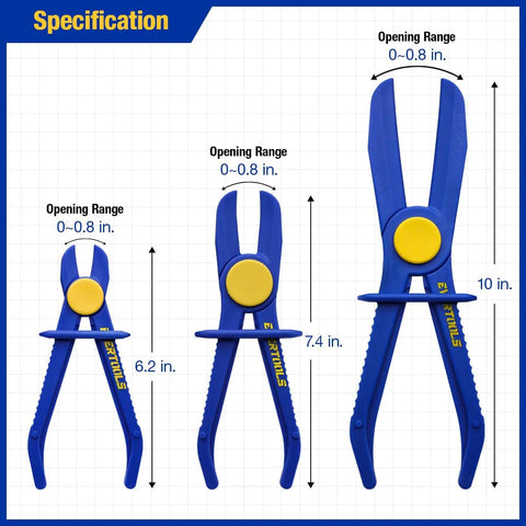 Evertools hose pinch clamp pliers, blue with yellow pivot, 3 sizes: 6.2, 7.4, 10 in for brake, fuel, radiator hoses.