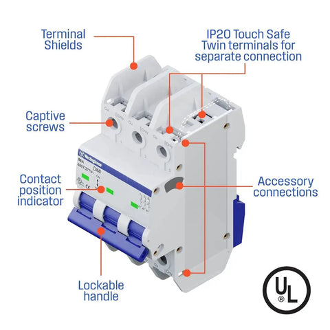 UL 489 AC Miniature Circuit Breaker 5 Amp 3 Pole D Curve 480Y 277V AC 10kA SCCR Thermal Magnetic Trip DIN Rail White WMBB3D05-1 with labeled parts